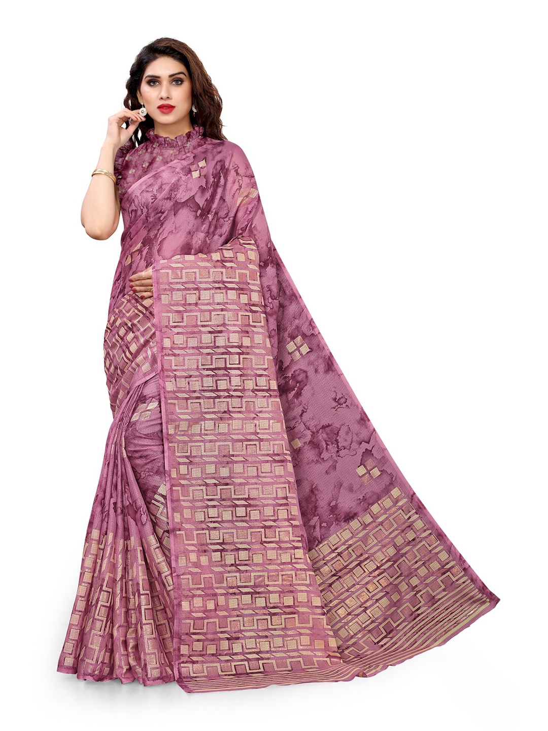 

KALINI Purple & Beige Block Print Saree