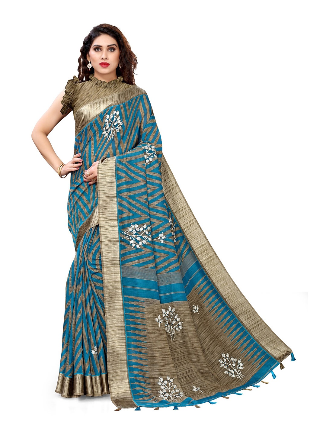 

KALINI Turquoise Blue & Tan Beads and Stones Leheriya Saree