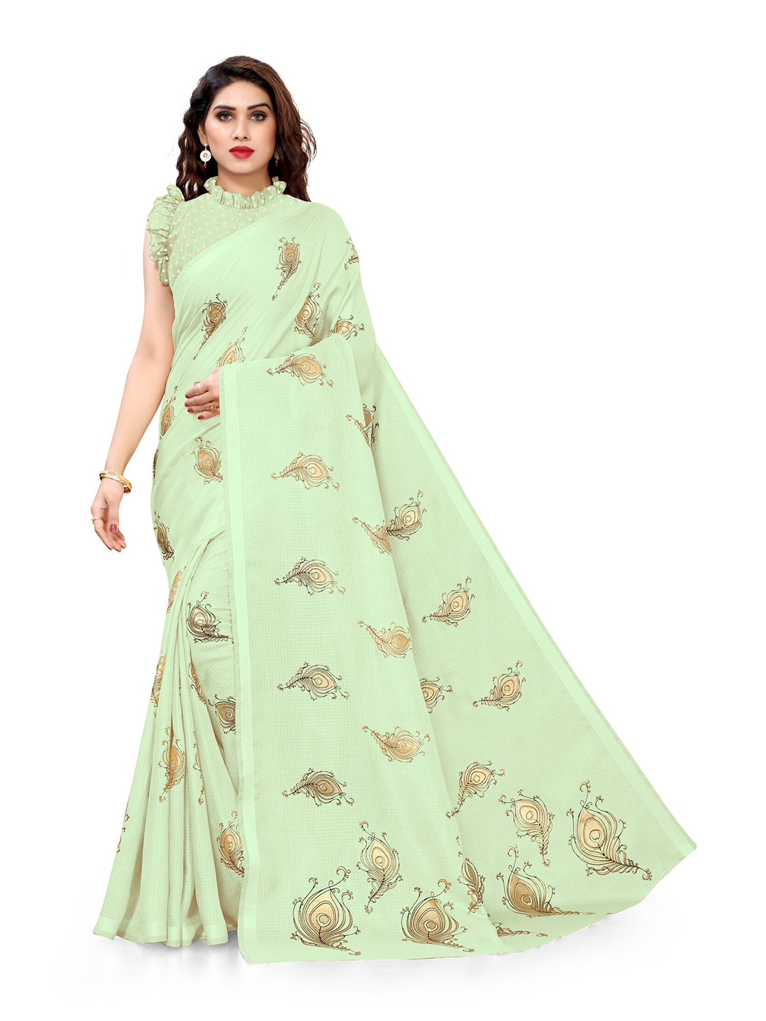 

KALINI Green & Gold-Toned Ethnic Motifs Block Print Saree