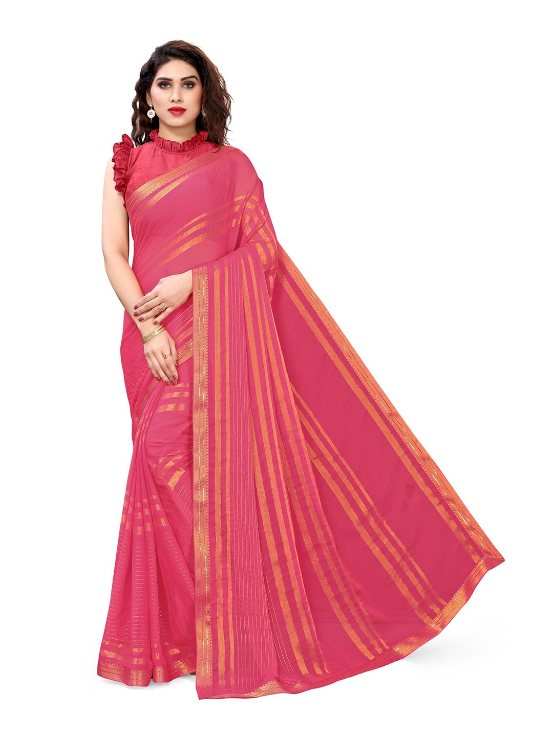 

KALINI Pink & Gold-Toned Striped Saree