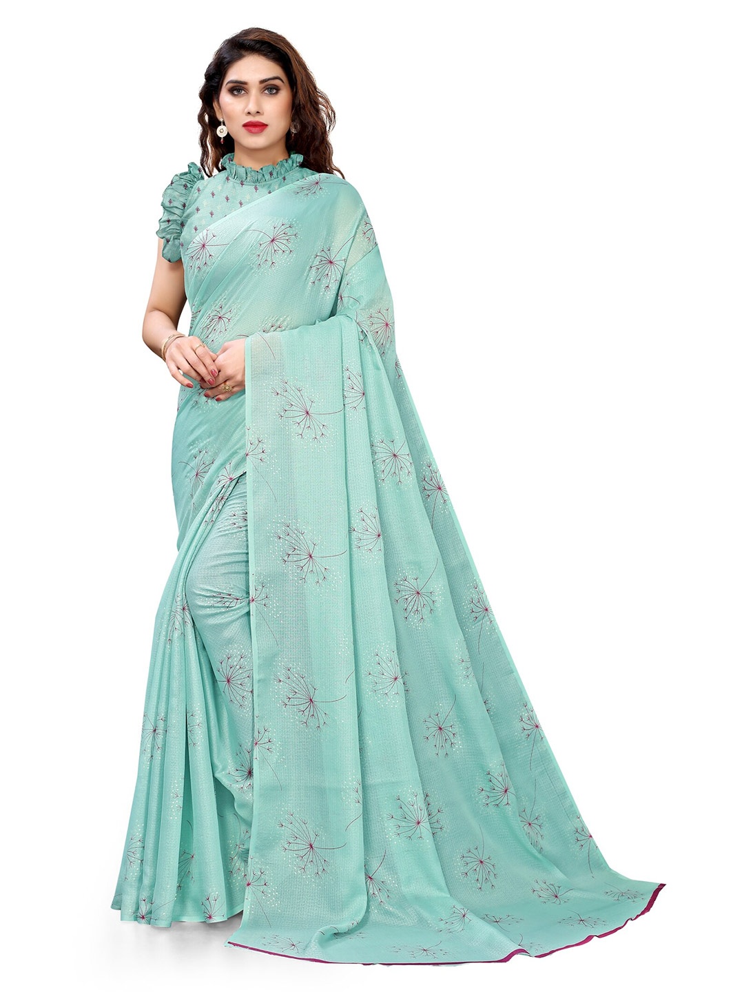 

KALINI Green & Purple Floral Printed Cotton Saree