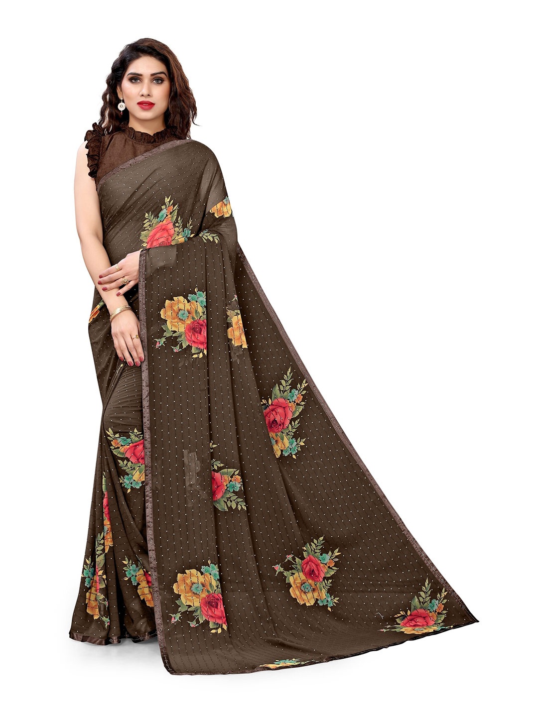 

KALINI Brown Floral Printed Georgette Saree