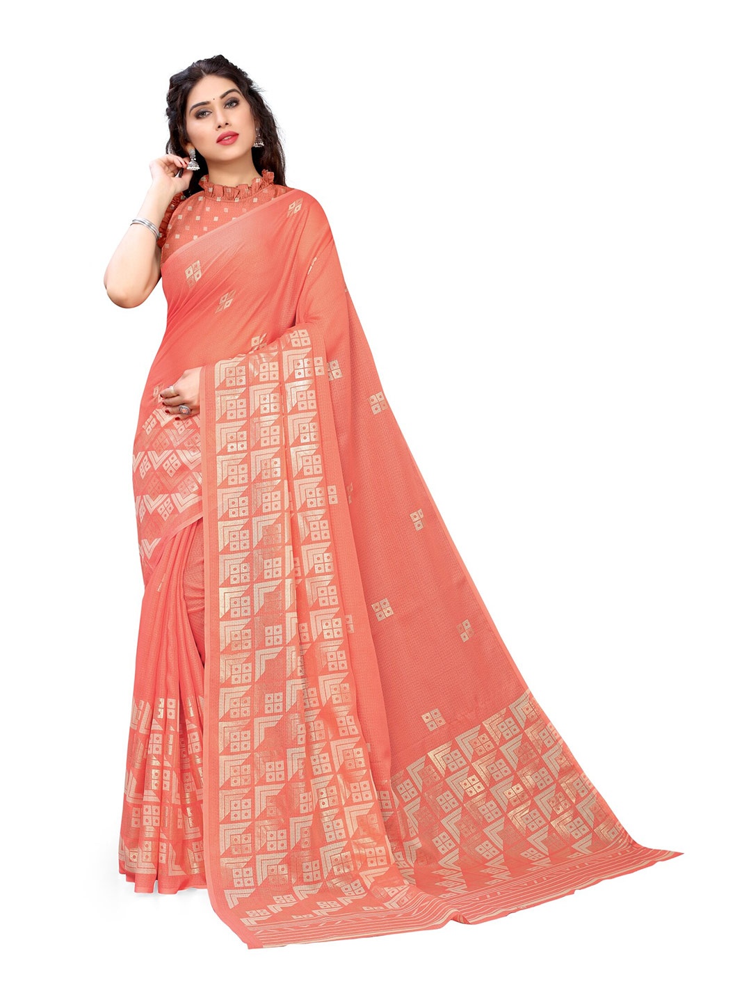 

KALINI Orange & Cream-Coloured Block Print Saree