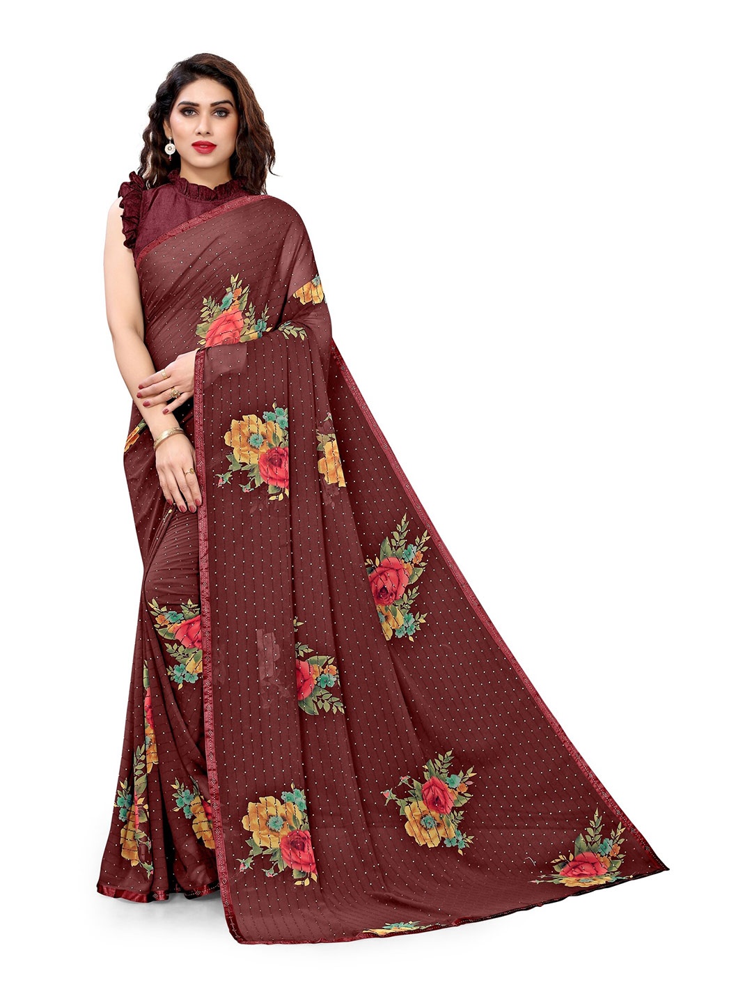

KALINI Maroon & Green Floral Sequinned Saree