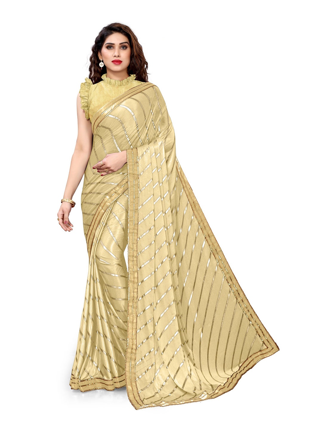 

KALINI Beige & Gold-Toned Leheriya Gotta Patti Leheriya Saree