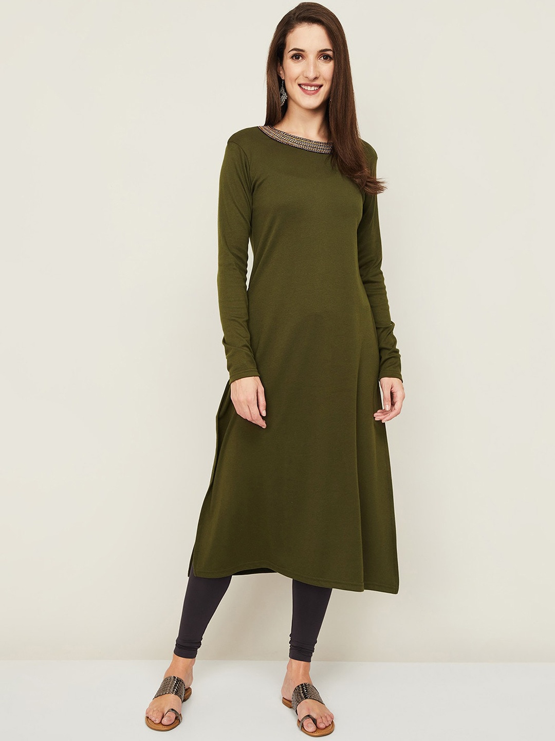 

Melange by Lifestyle Women Olive Green Thread Work Acrylic Kurta