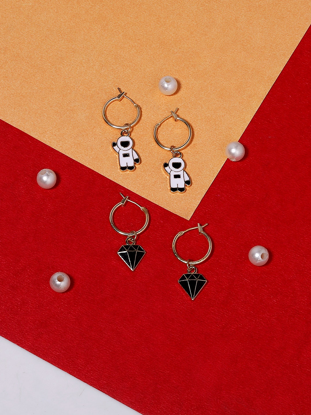 

Blueberry KIDS Set of 2 Black & White Gold-Plated Quirky Enamelled Drop Earrings