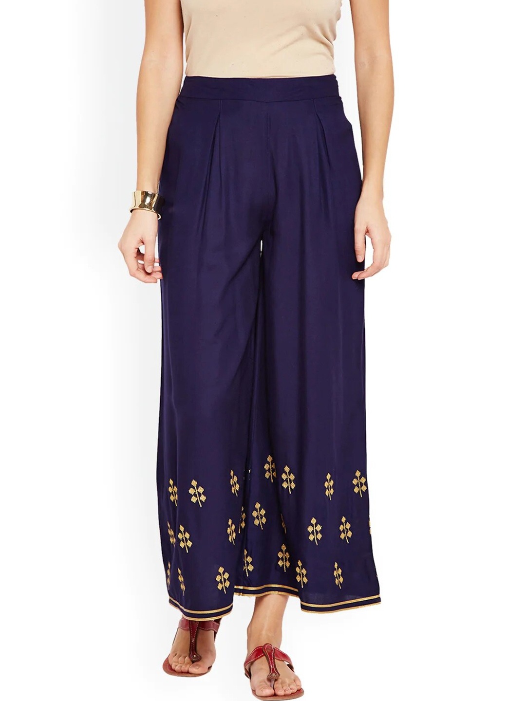 

Be Indi Women Navy Blue & Gold-Toned Floral Printed Flared Palazzos