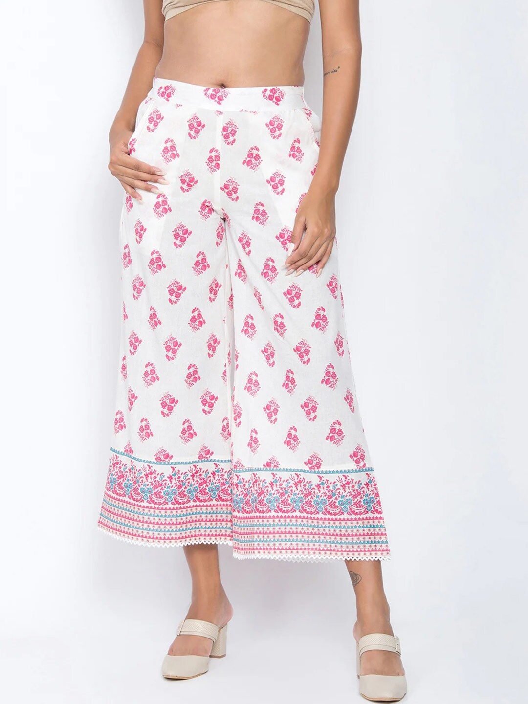 

Be Indi Women White & Pink Floral Printed Palazzos