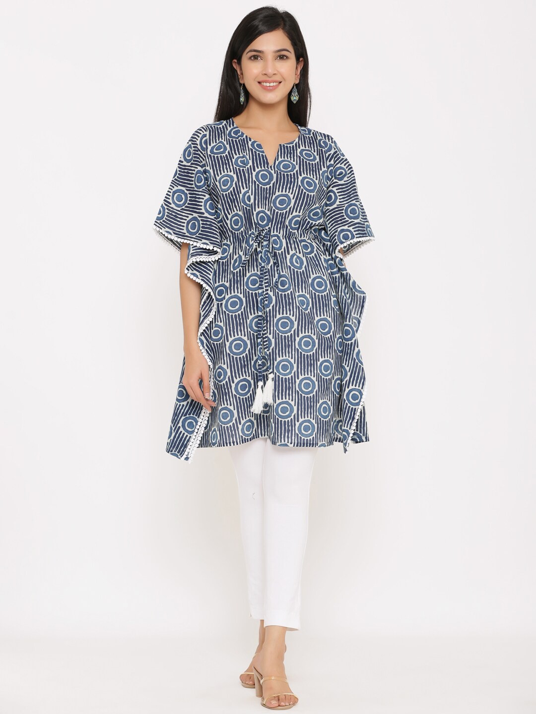 

Aprique FAB Blue & White Geometric Printed Extended Sleeves Pure Cotton Kaftan Kurti