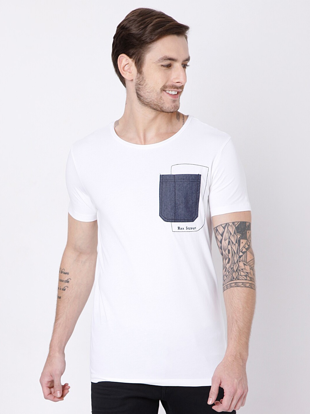 

Rex Straut Jeans Men White Pockets Slim Fit T-shirt