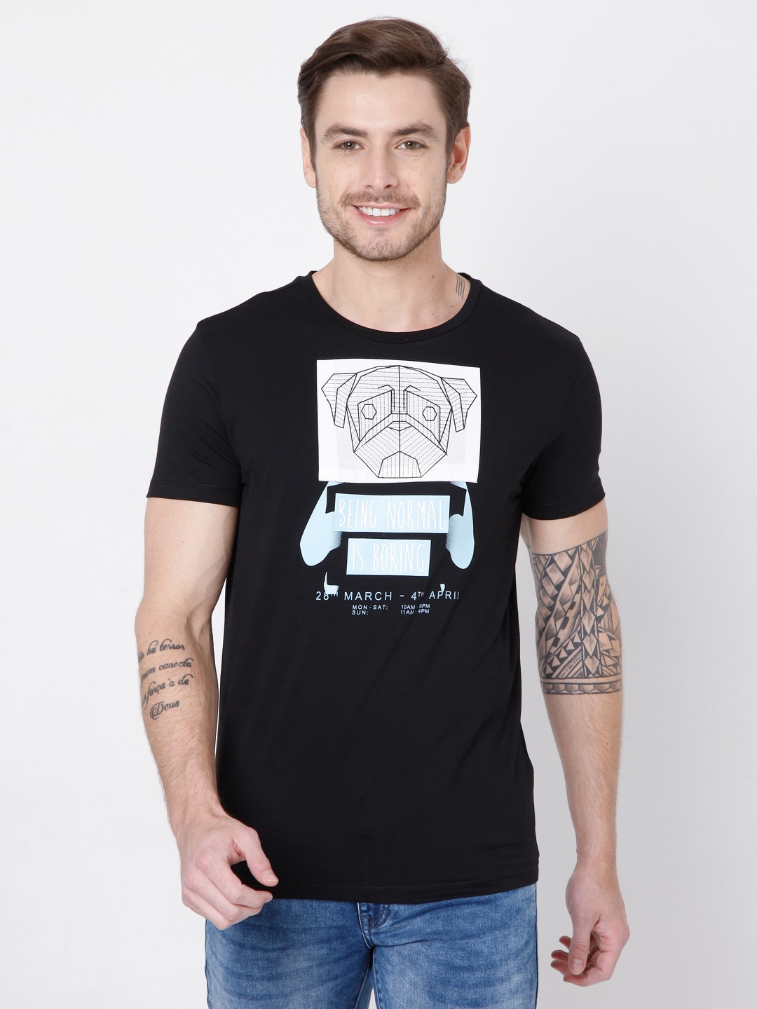 

Rex Straut Jeans Men Black Printed Applique Slim Fit T-shirt