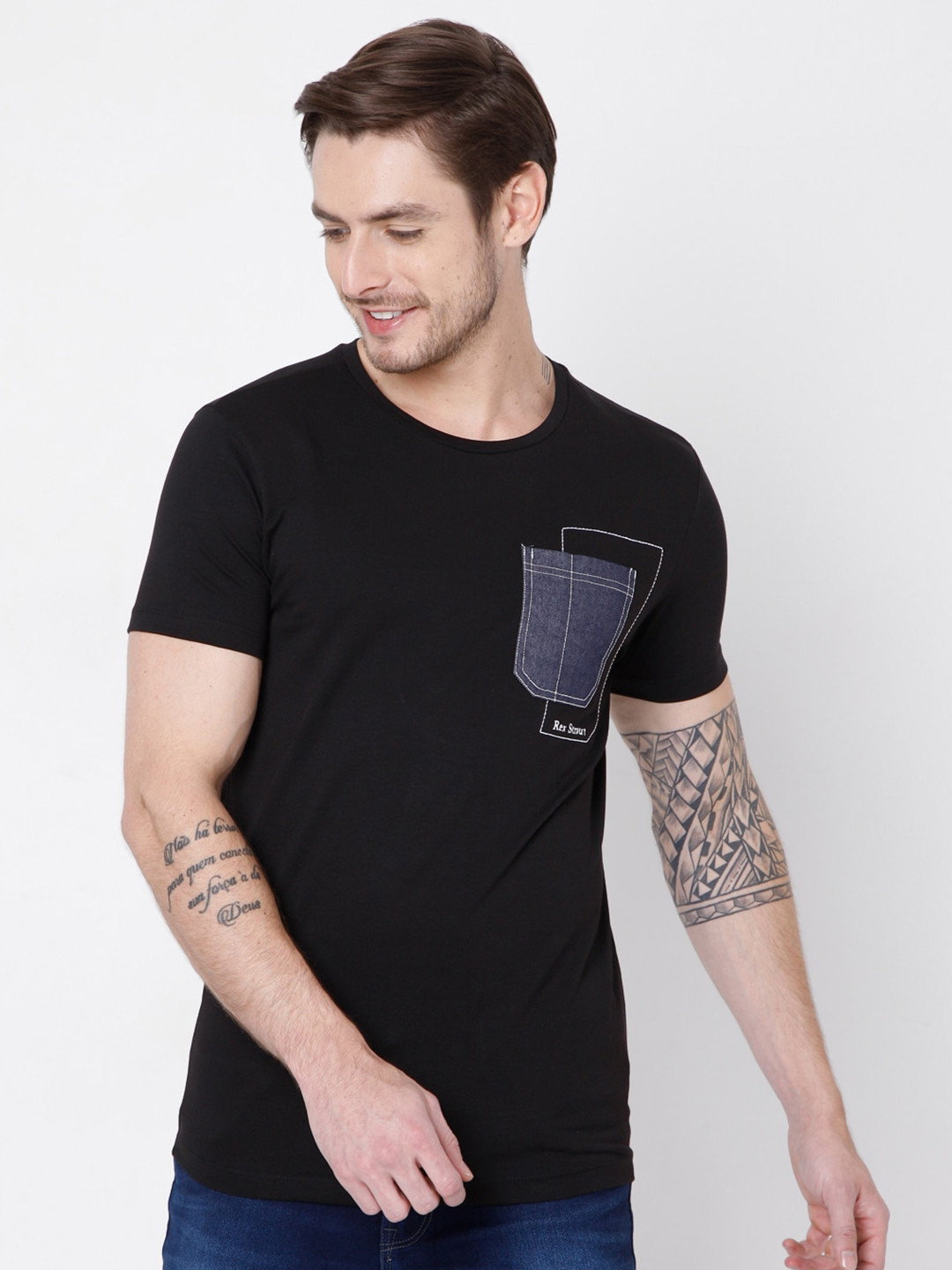 

Rex Straut Jeans Men Black Pockets Slim Fit T-shirt