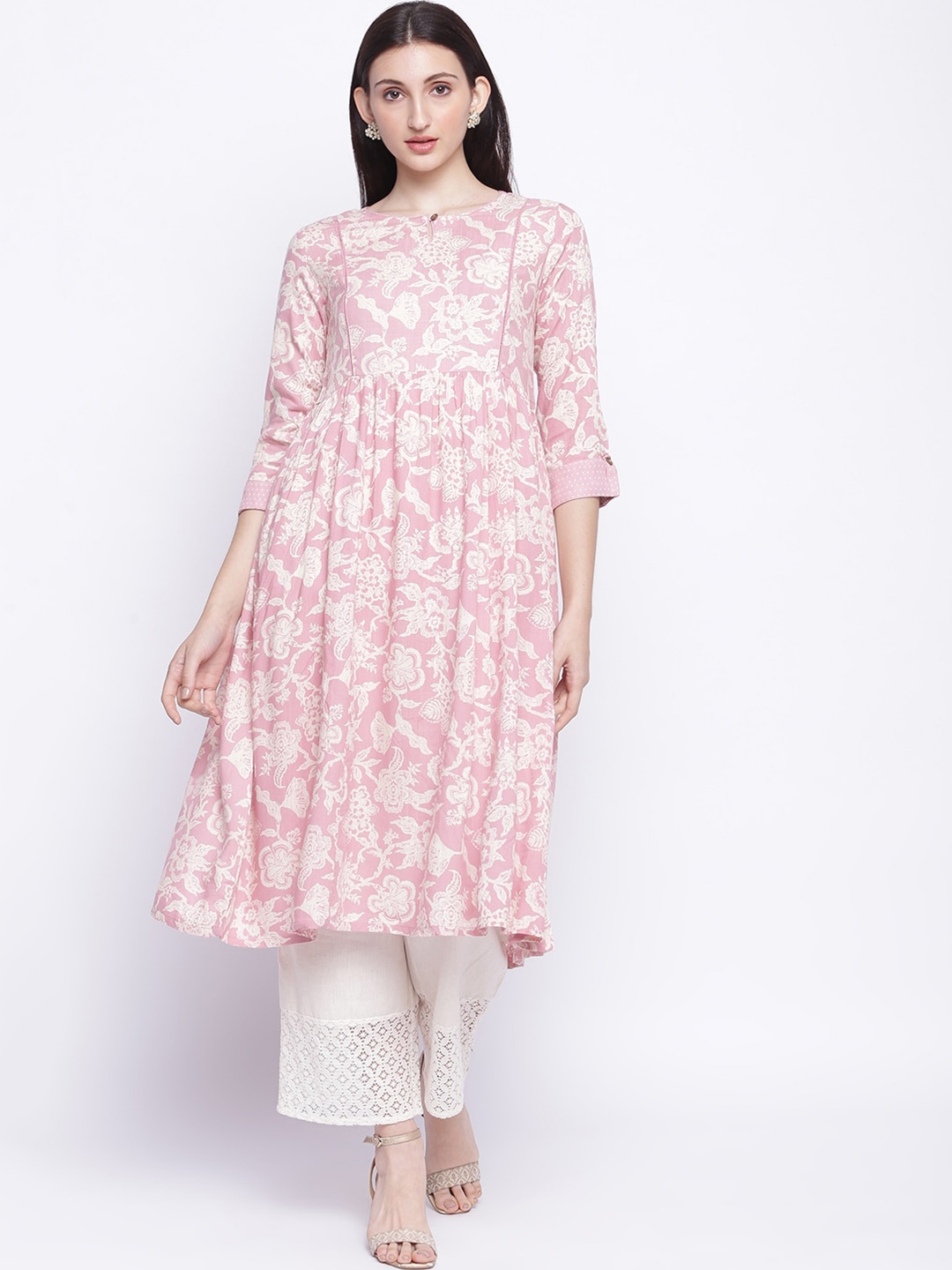 

IMARA Women Pink & White Floral Print A-Line Midi Dress