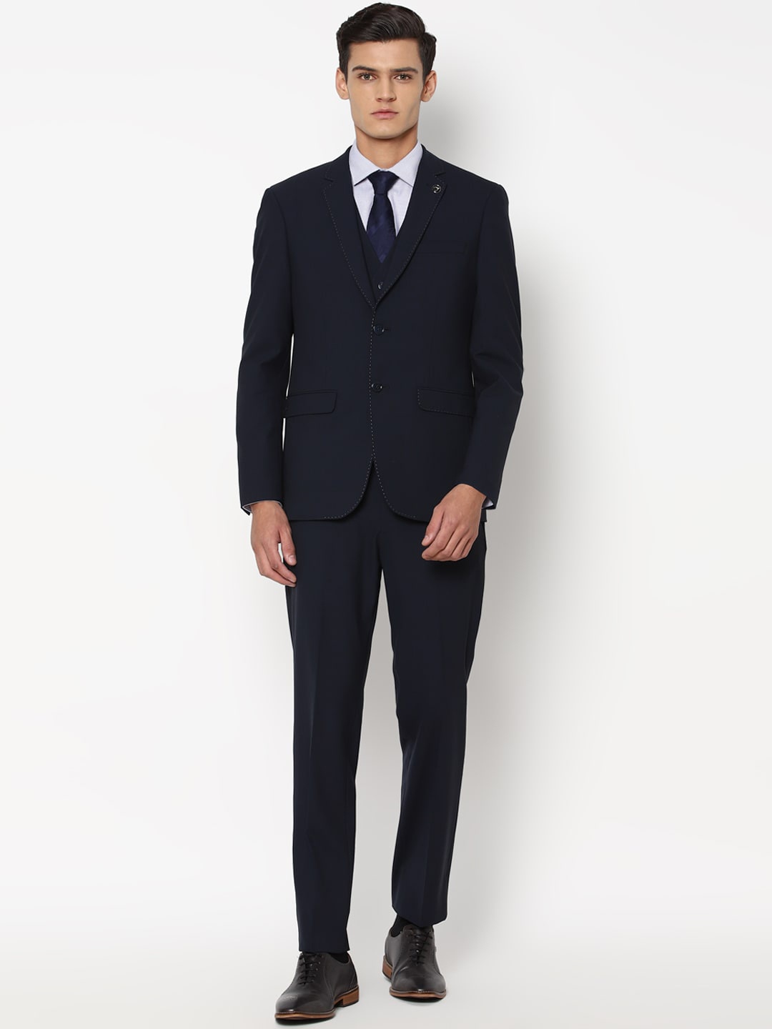 

Allen Solly Men Navy Blue Solid Slim-Fit Single-Breasted 3-Piece Formal Suit