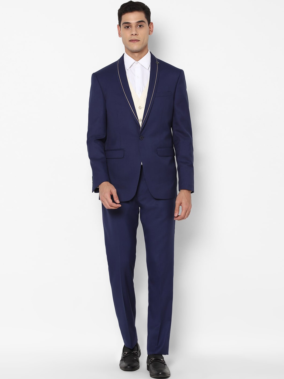 

Allen Solly Men Navy Blue & Beige Slim Fit 3-Piece Single-Breasted Party Suit