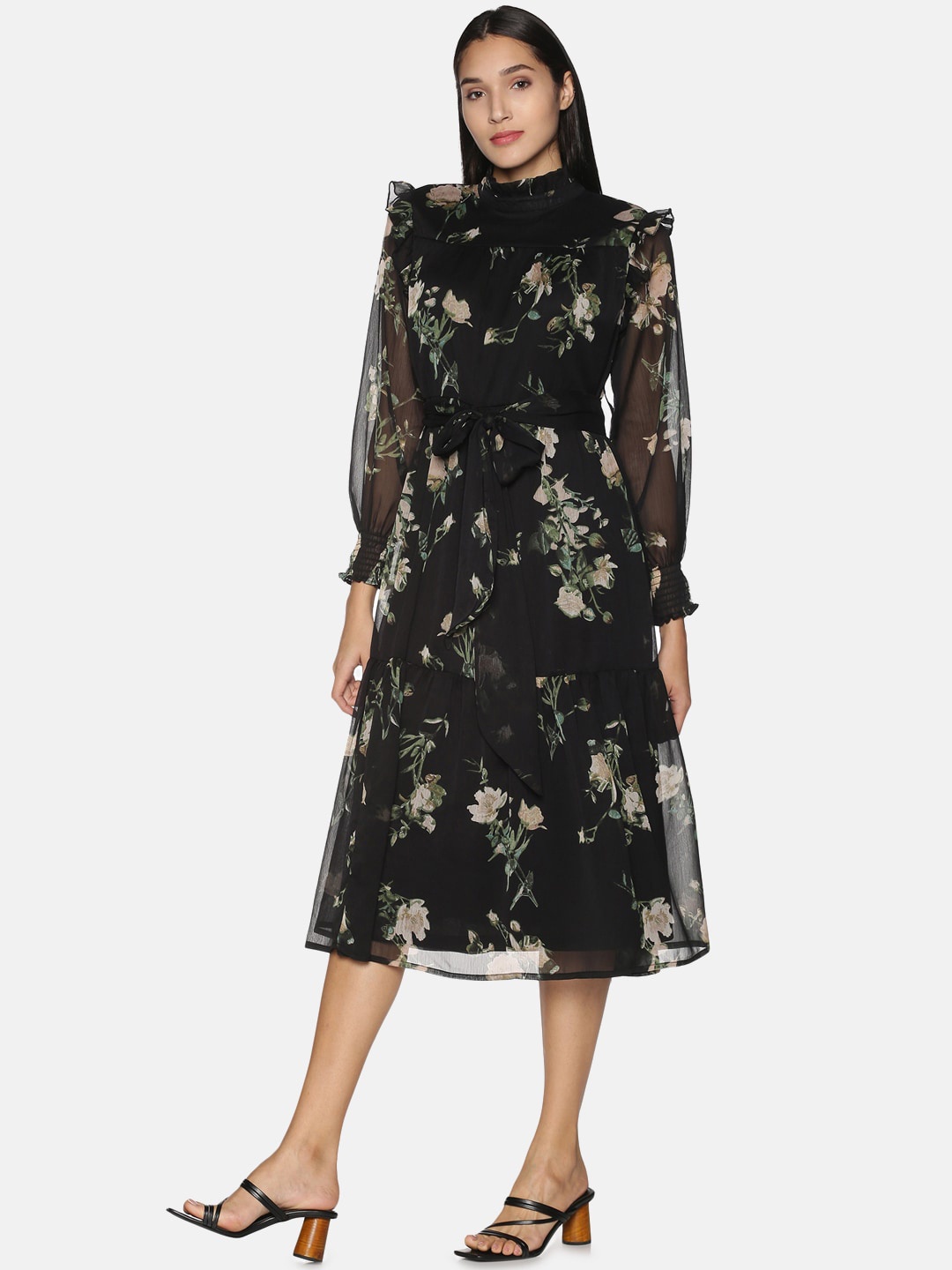 

ISU Black Floral Chiffon Midi Dress