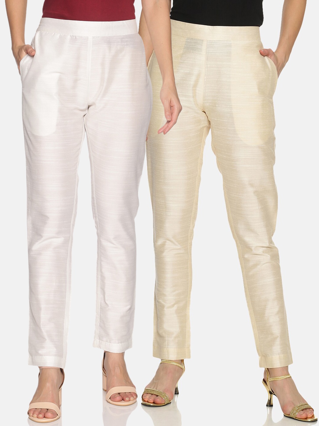 

Saffron Threads Set Of 2 Women Solid Trousers, White
