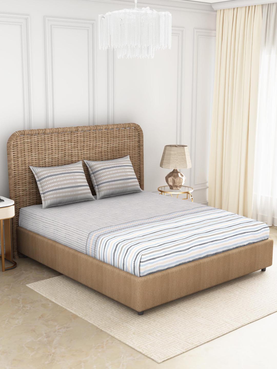 

SPACES Grey & White 180 TC Pure Cotton Anti-Bacterial King Bedsheet with 2 Pillow Covers