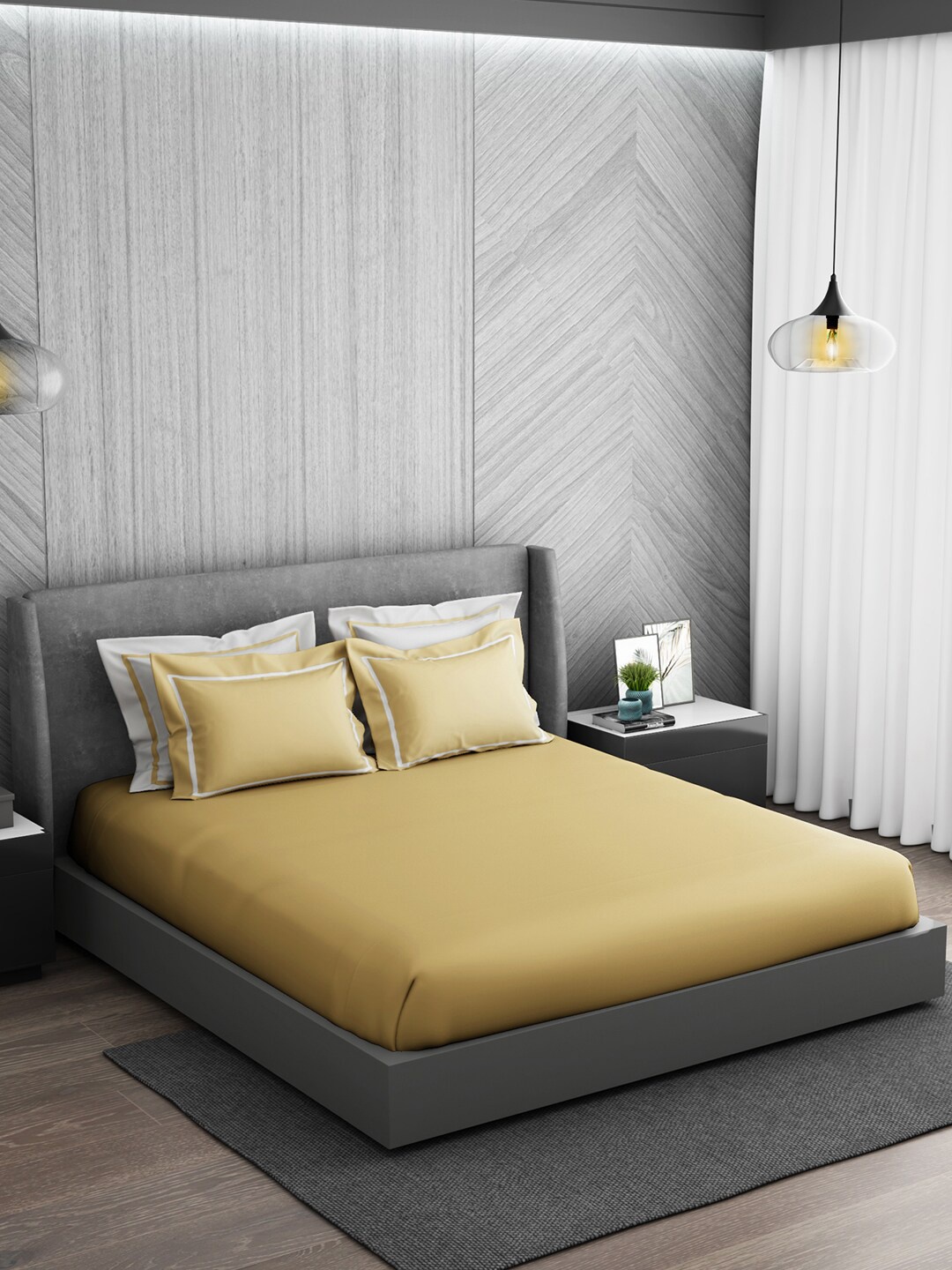 

SPACES Gold-Toned & White 300 TC 1 King Bedsheet with 4 Pillow Covers