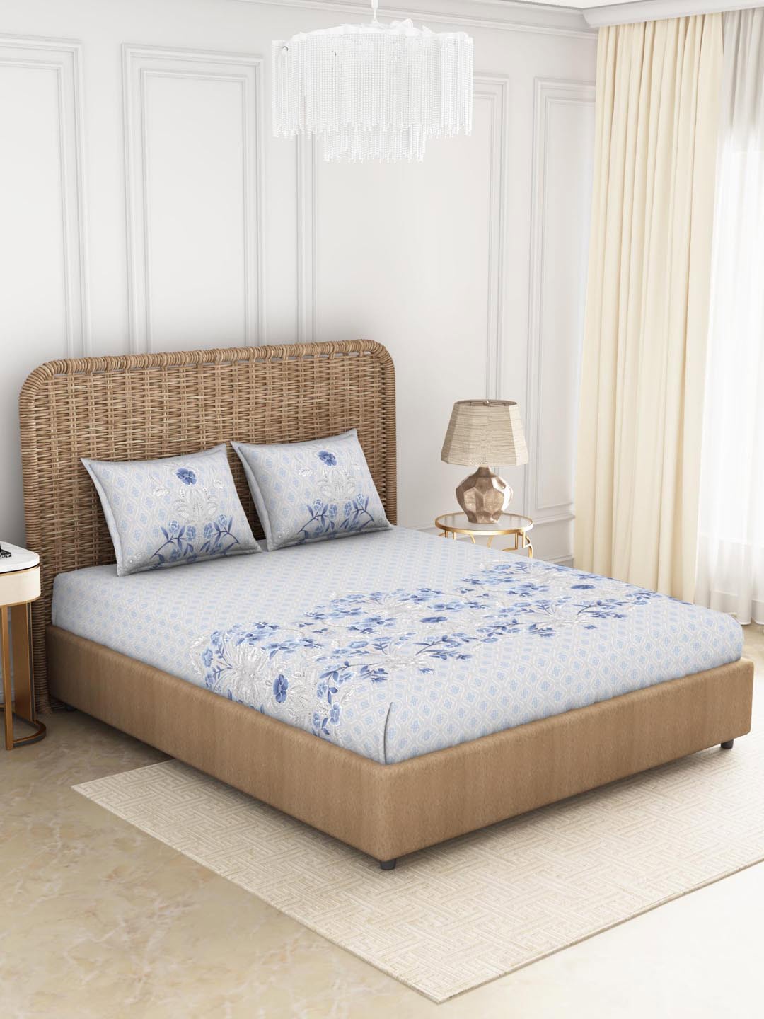

SPACES Blue & Grey Floral 180 TC King Bedsheet with 2 Pillow Covers