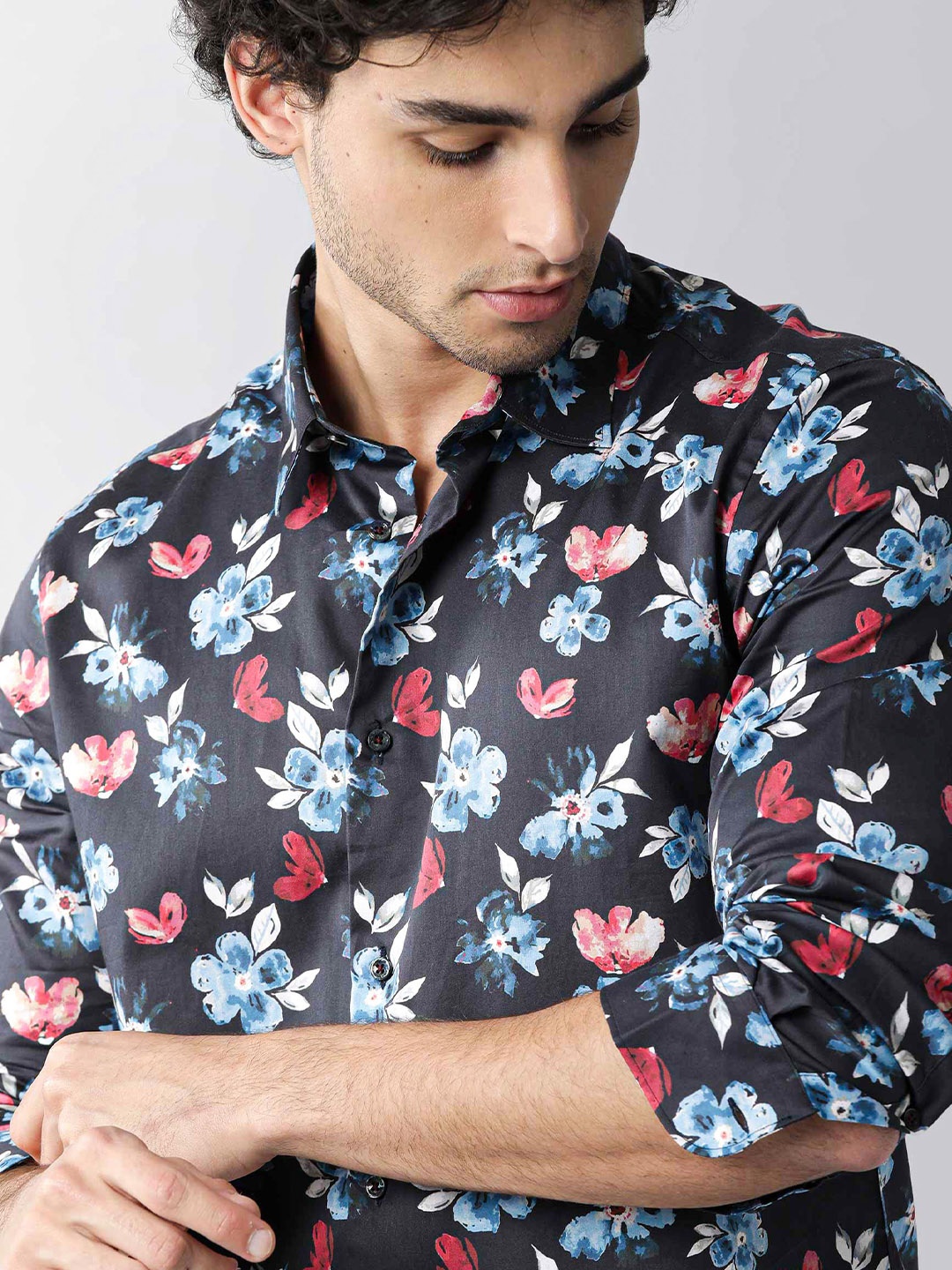 

RARE RABBIT Men Ober Slim Fit Floral Printed Cotton Party Shirt, Black