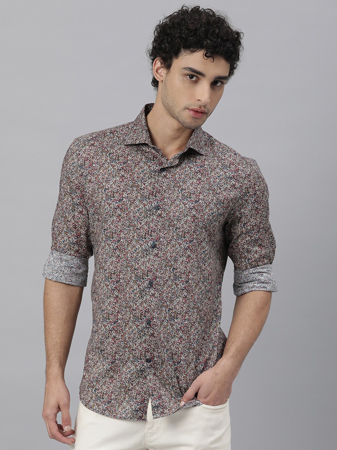 

RARE RABBIT Men Beige & Red Slim Fit Printed Cotton Casual Shirt