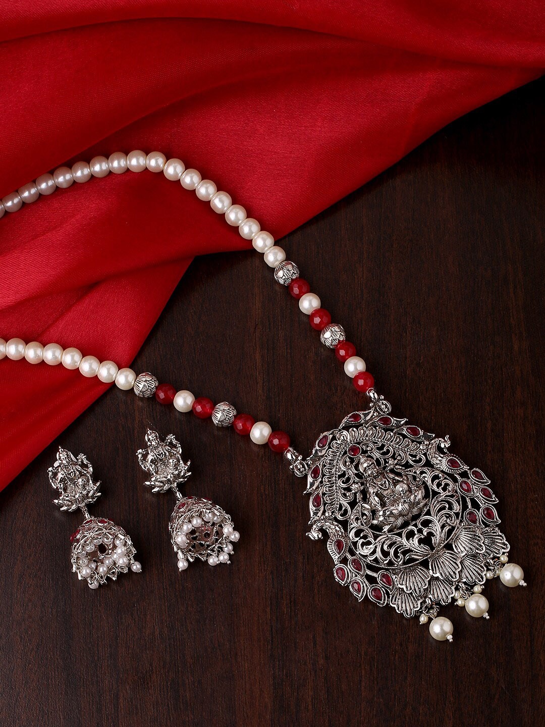 

THE AAB STUDIO Silver-Toned & Red Silver-Plated Temple Jewellery Set