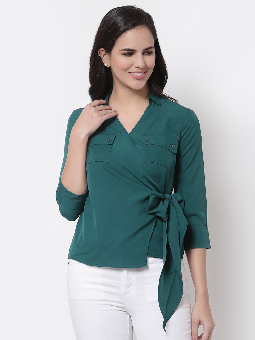 

Style Quotient Green Crepe Wrap Top