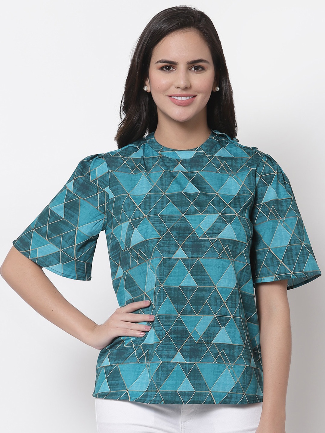 

Style Quotient Women Teal Print Crepe Top