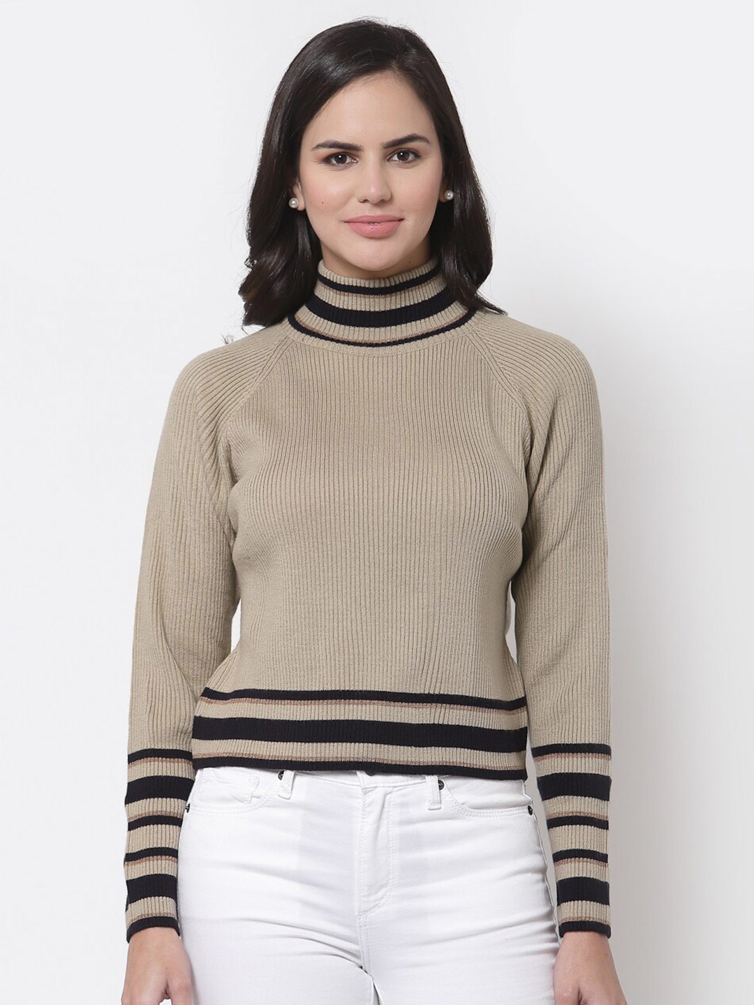 

Style Quotient Women Beige & Black Ribbed Acrylic Pullover