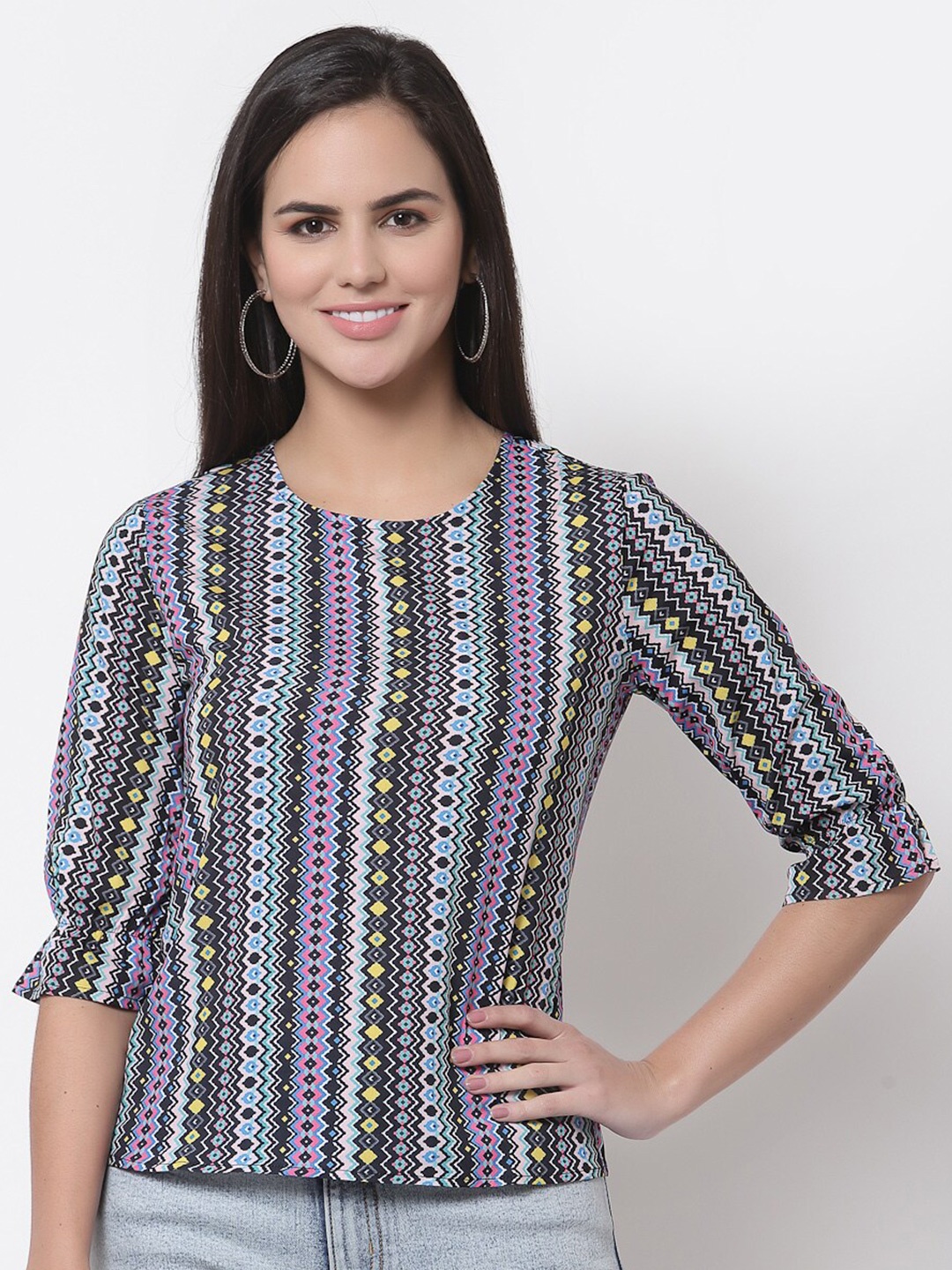 

Style Quotient Multicoloured Geometric Print Roll-Up Sleeves Crepe Top, Multi
