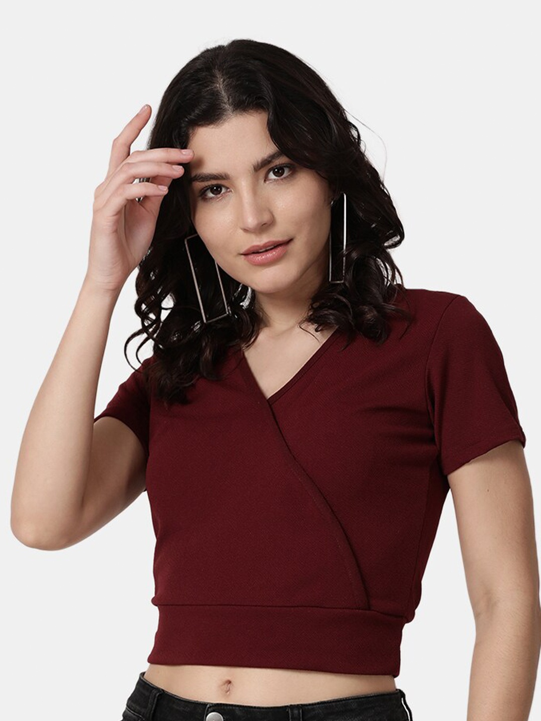 

Selvia Maroon Solid Scuba Wrap Crop Top