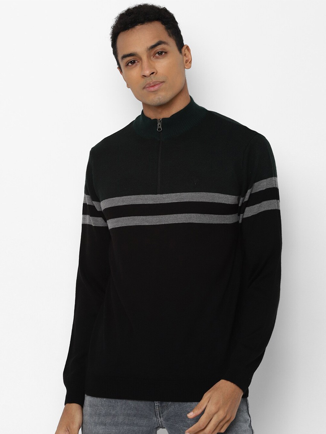 

Allen Solly Men Black & Grey Striped Acrylic Wool Pullover