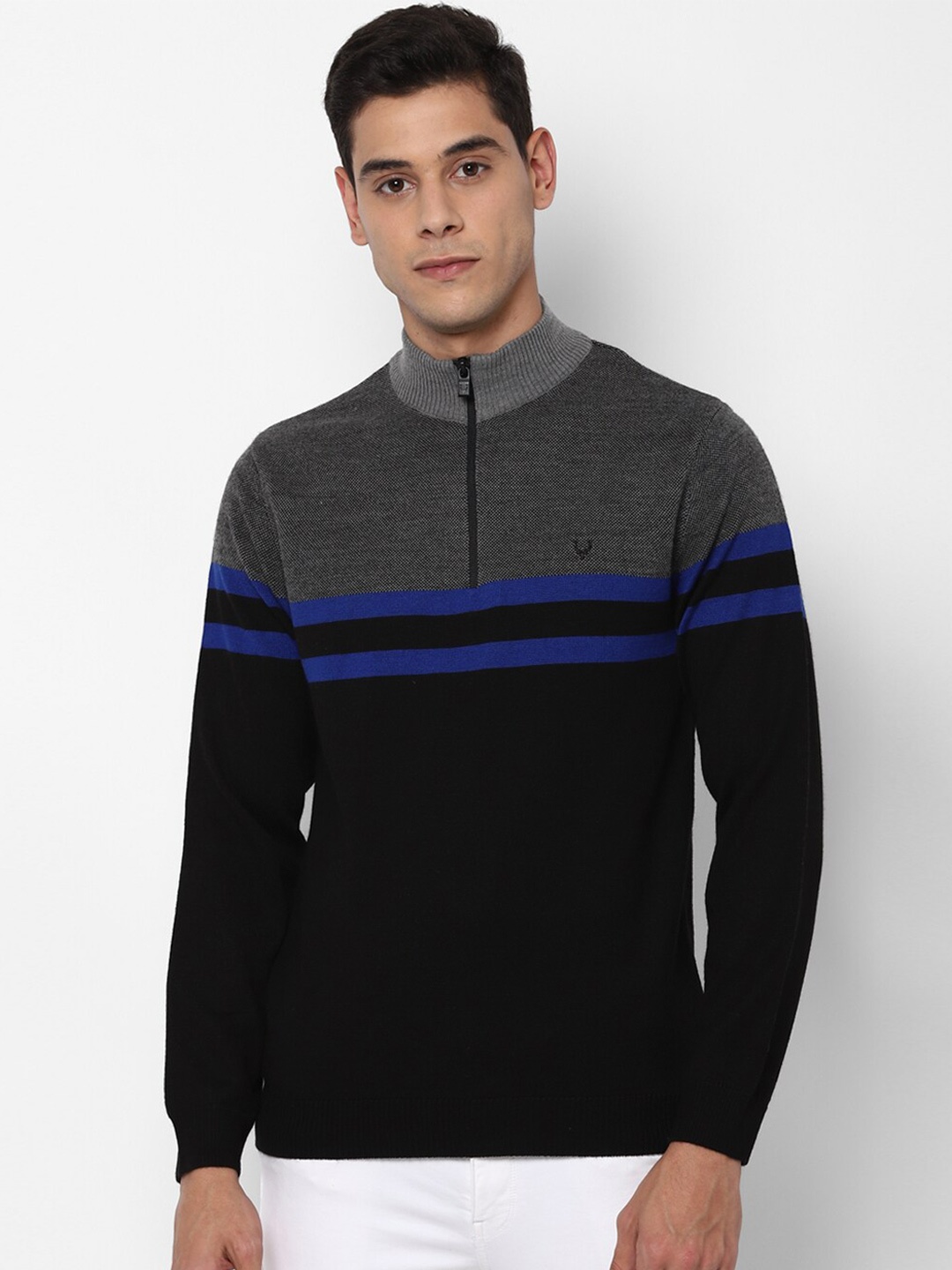 

Allen Solly Men Black & Grey Striped Pullover