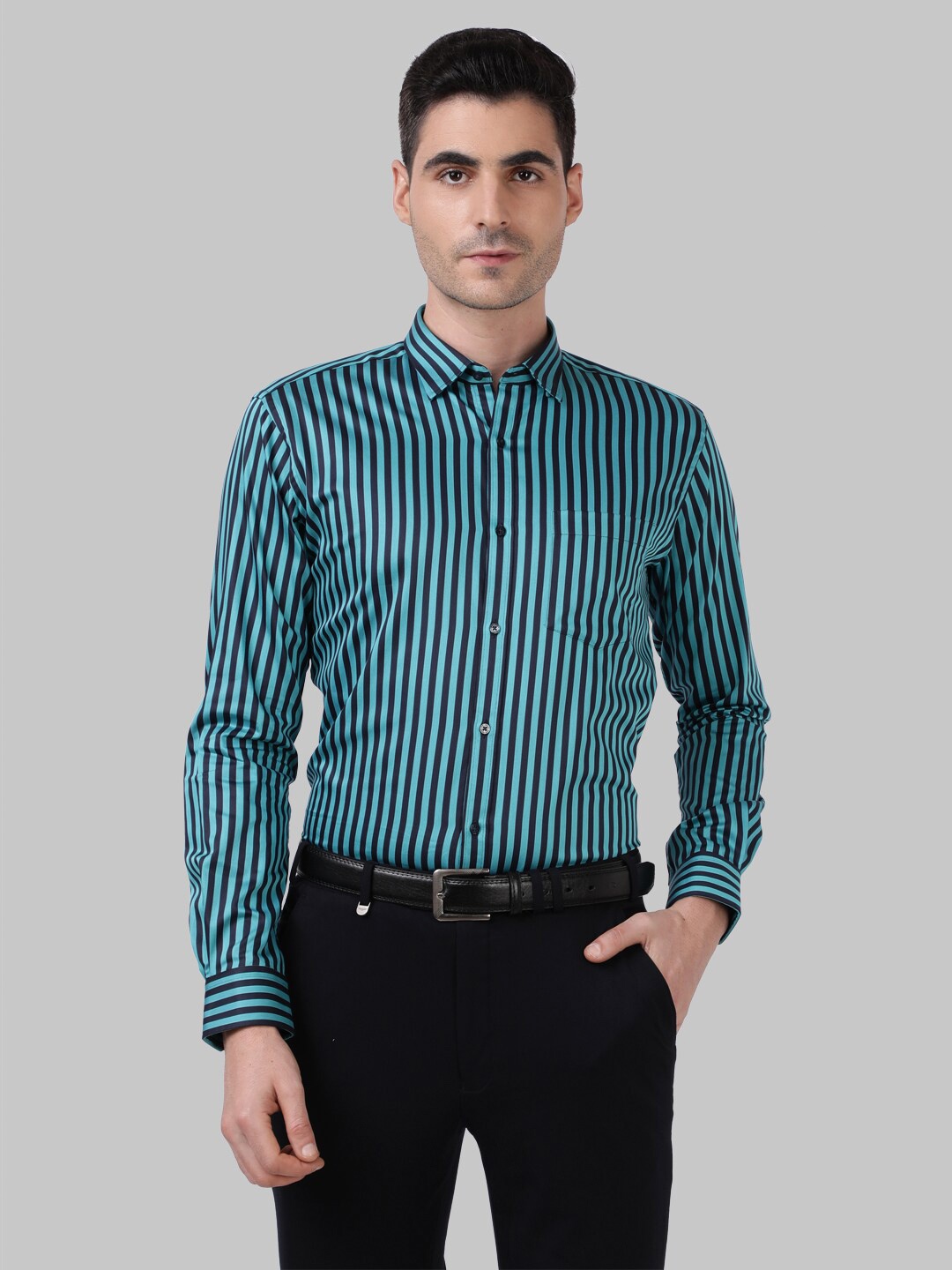 

Park Avenue Men Teal Slim Fit Striped Formal Shirt