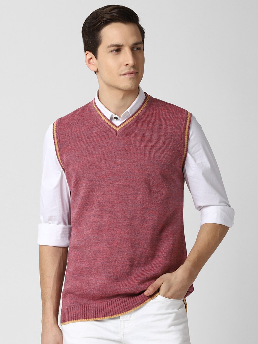 

Peter England Casuals Men Maroon Self Design Sweater Vest