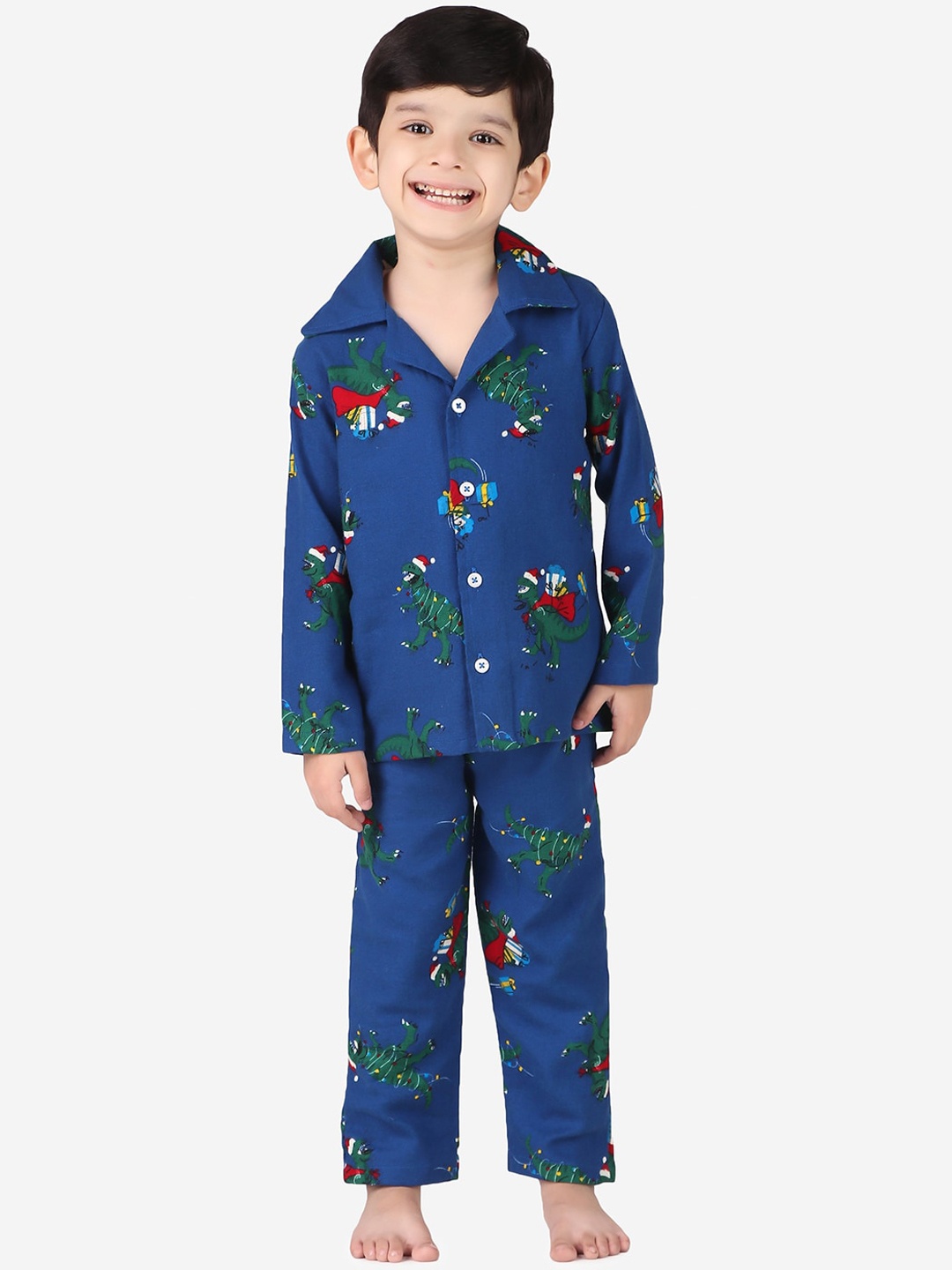 

Hippodrome Kids Blue & Red Pure Cotton Christmas Santa Dinosaur Printed Night suit