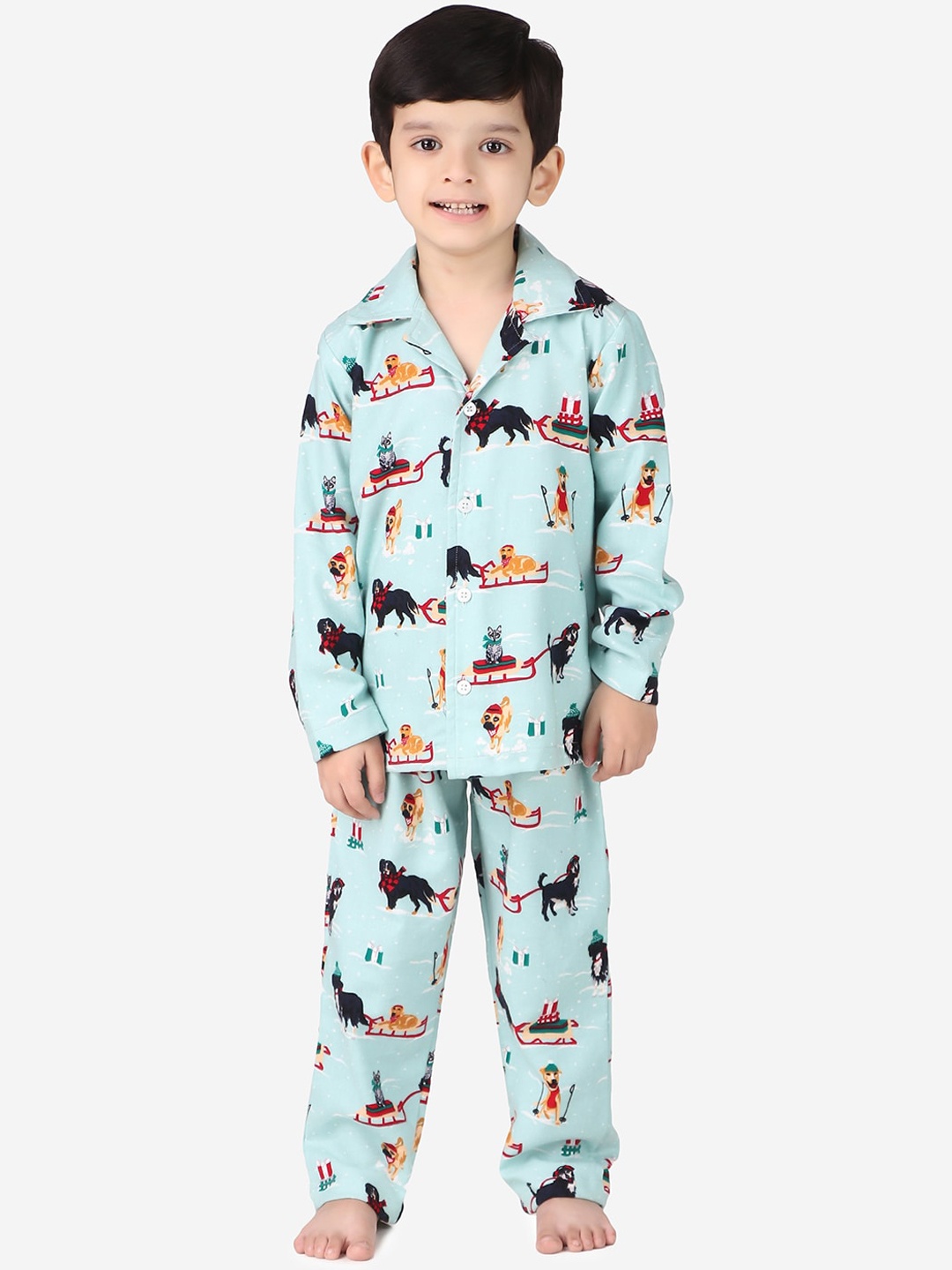 

Hippodrome Kids Blue & Black Pure Cotton Christmas Sleigh Dog Printed Night suit