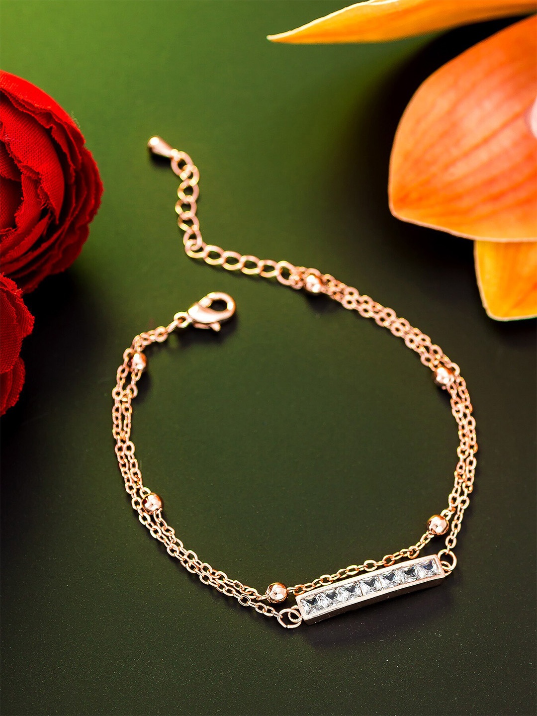 

aadita Women Rose Gold American Diamond Gold-Plated Charm Bracelet