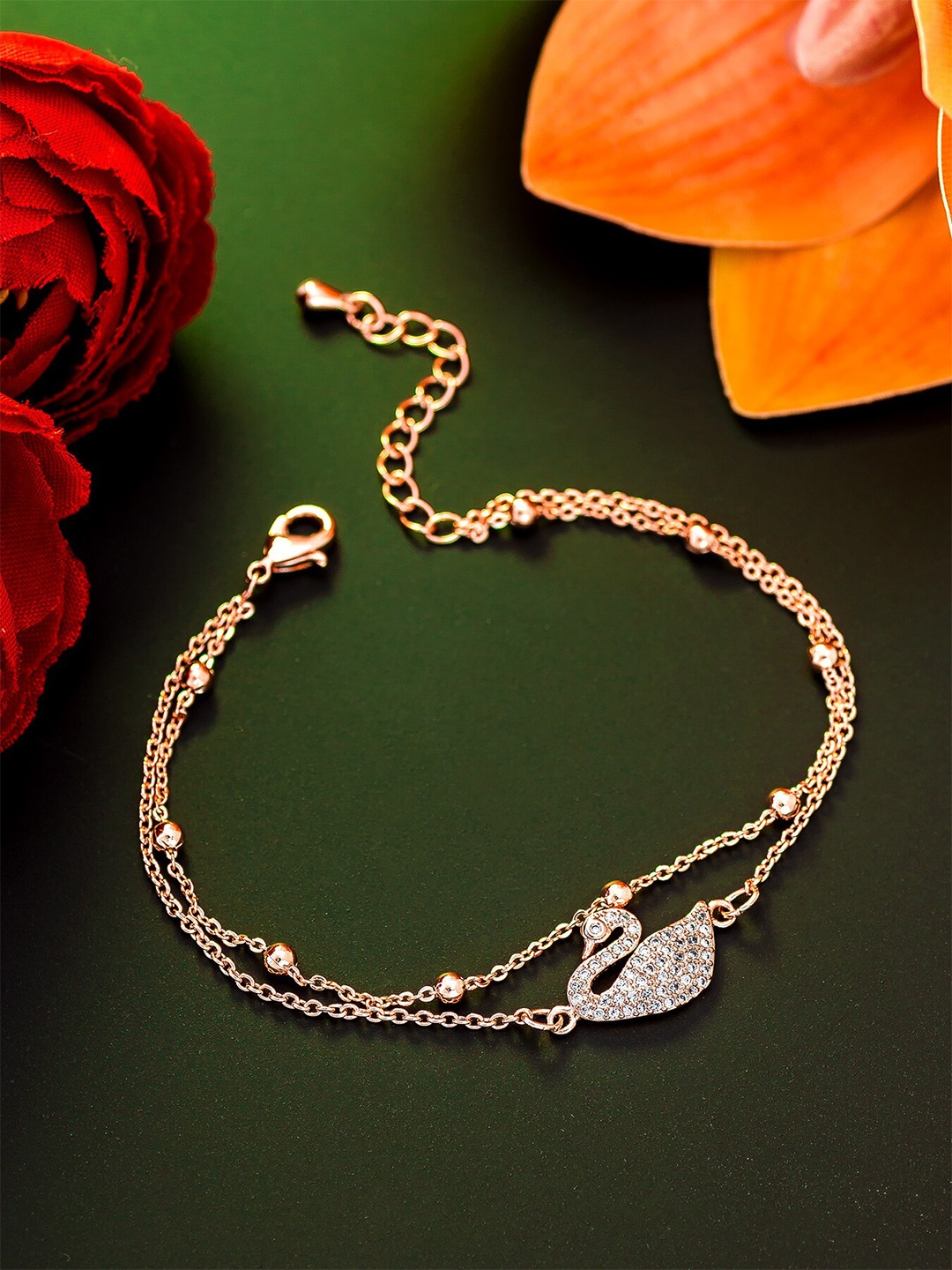 

aadita Women Rose Gold-Plated White American Diamond Studded Charm Bracelet