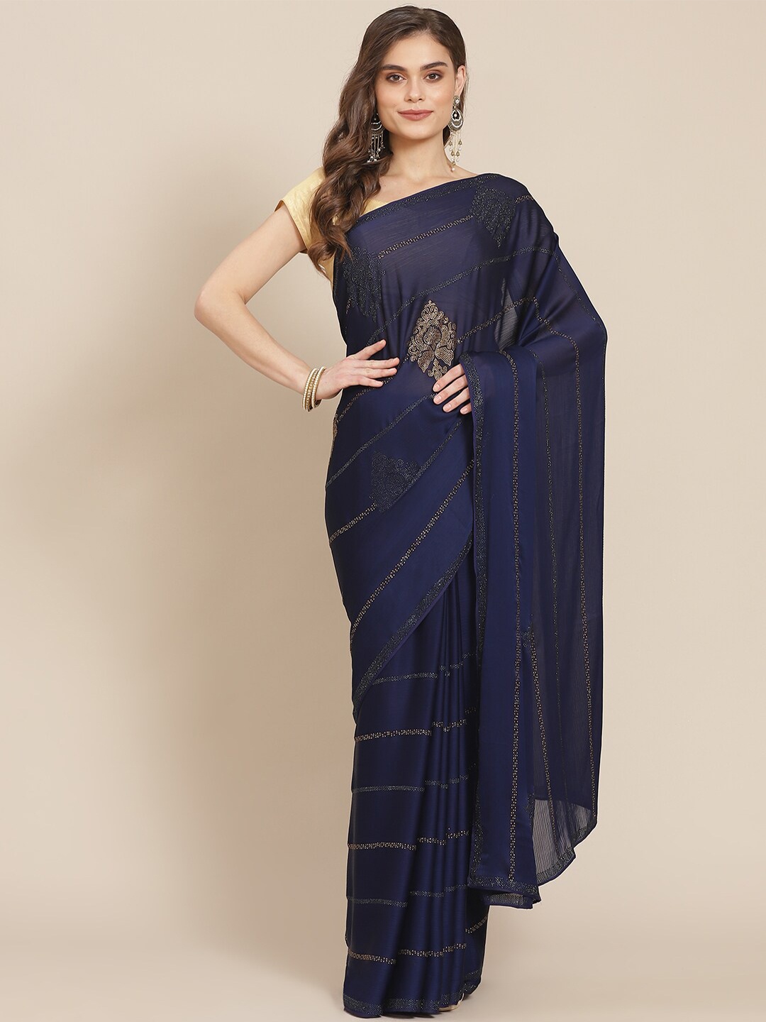 

Meena Bazaar Navy Blue & Gold-Coloured Embellished Beads and Stones Saree