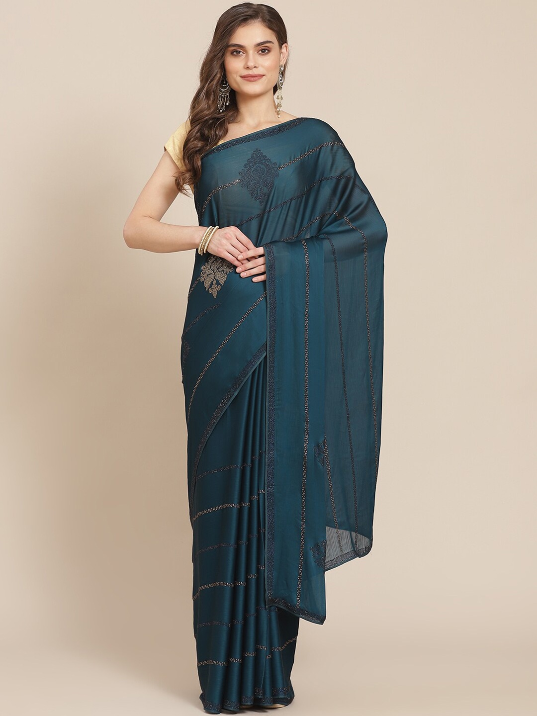 

Meena Bazaar Teal & Gold Embellished Beads and Stones Saree