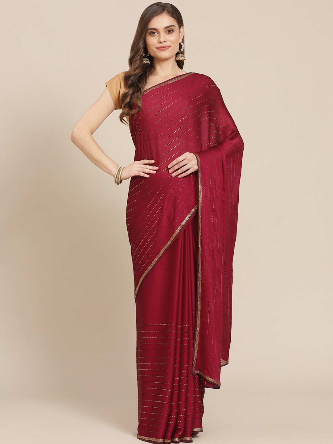 

Meena Bazaar Burgundy & Gold-Toned Embellished Saree