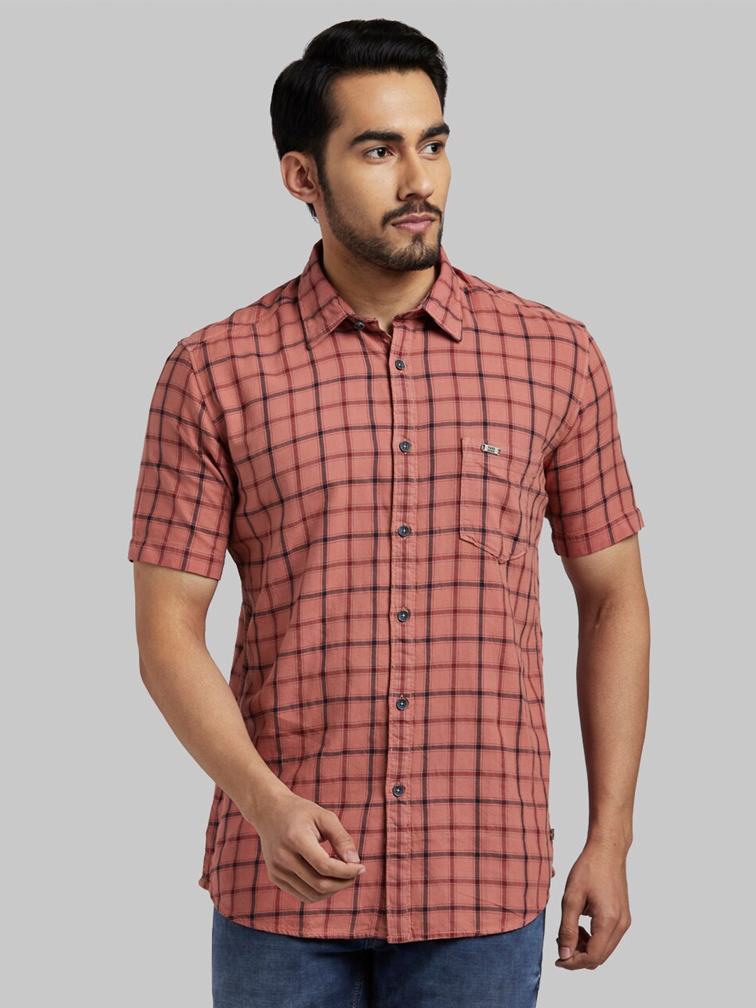 

Parx Men Coral Orange Slim Fit Checked Casual Shirt