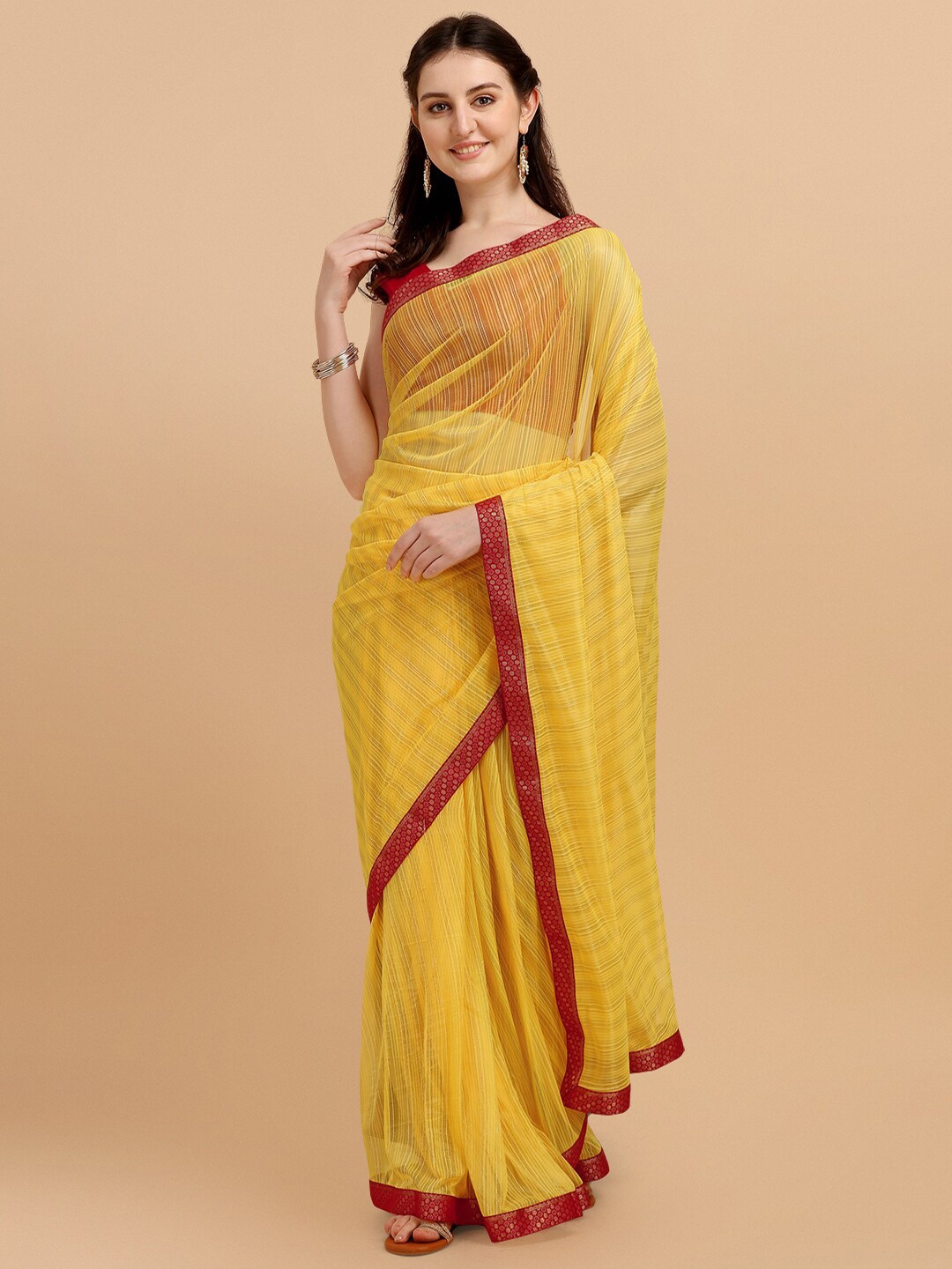 

KALINI Yellow & Red Striped Linen Blend Saree
