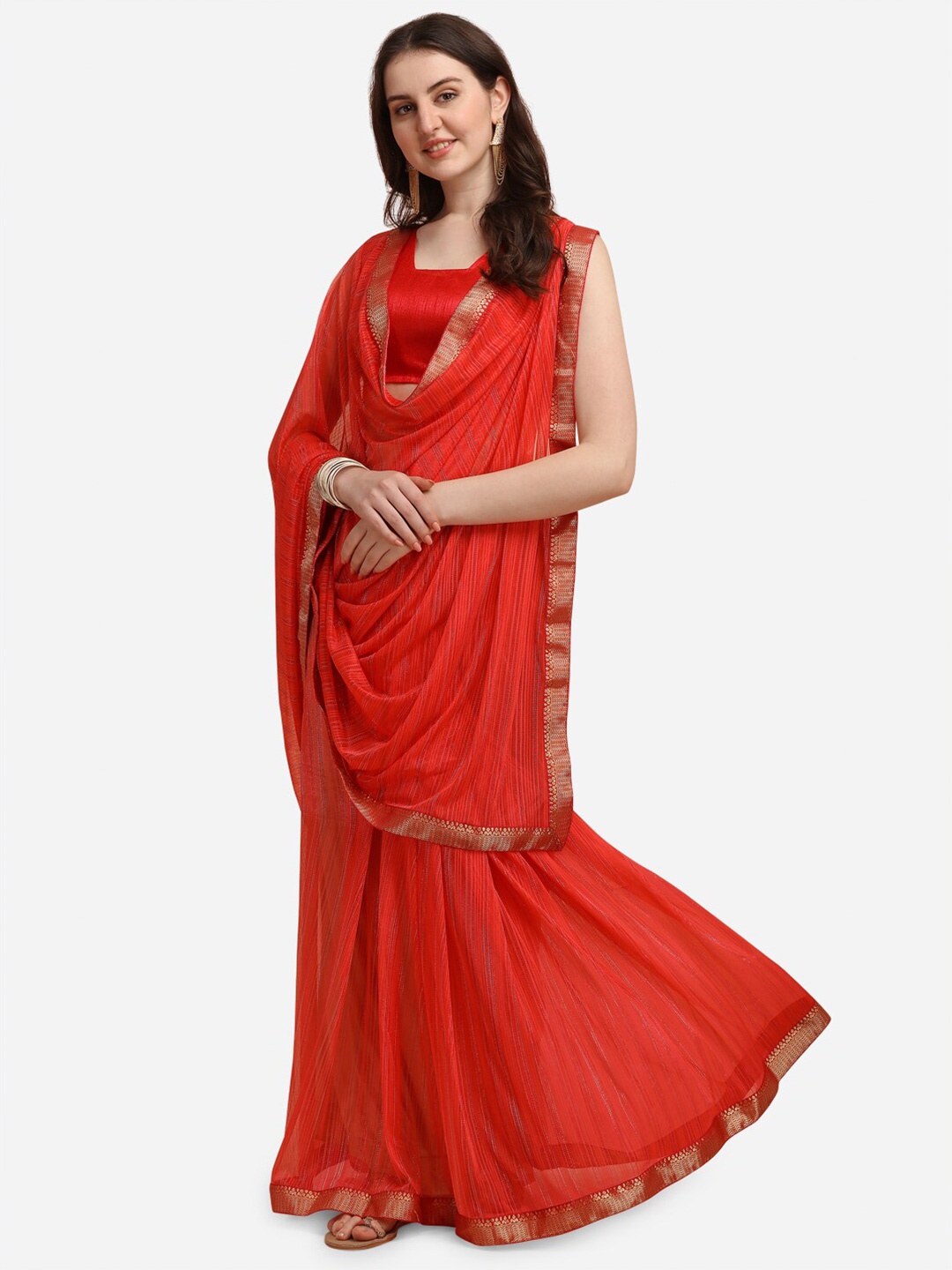 

KALINI Orange & Gold-Toned Striped Linen Blend Fusion Saree