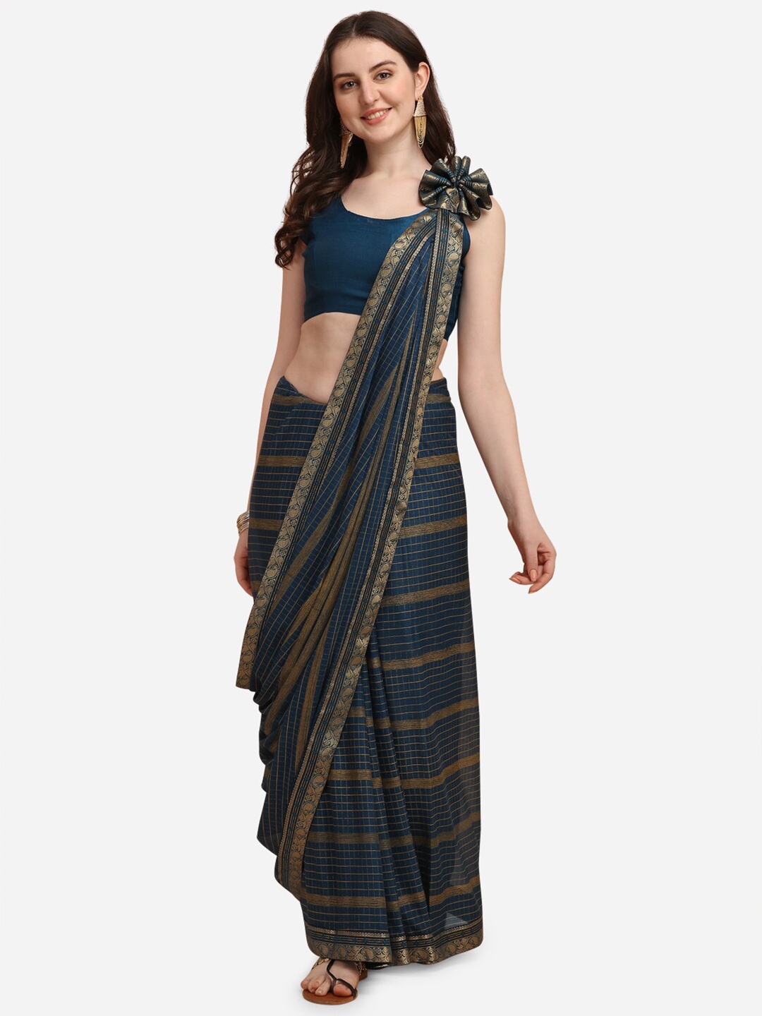 

KALINI Navy Blue & Gold-Toned Checked Linen Blend Fusion Saree