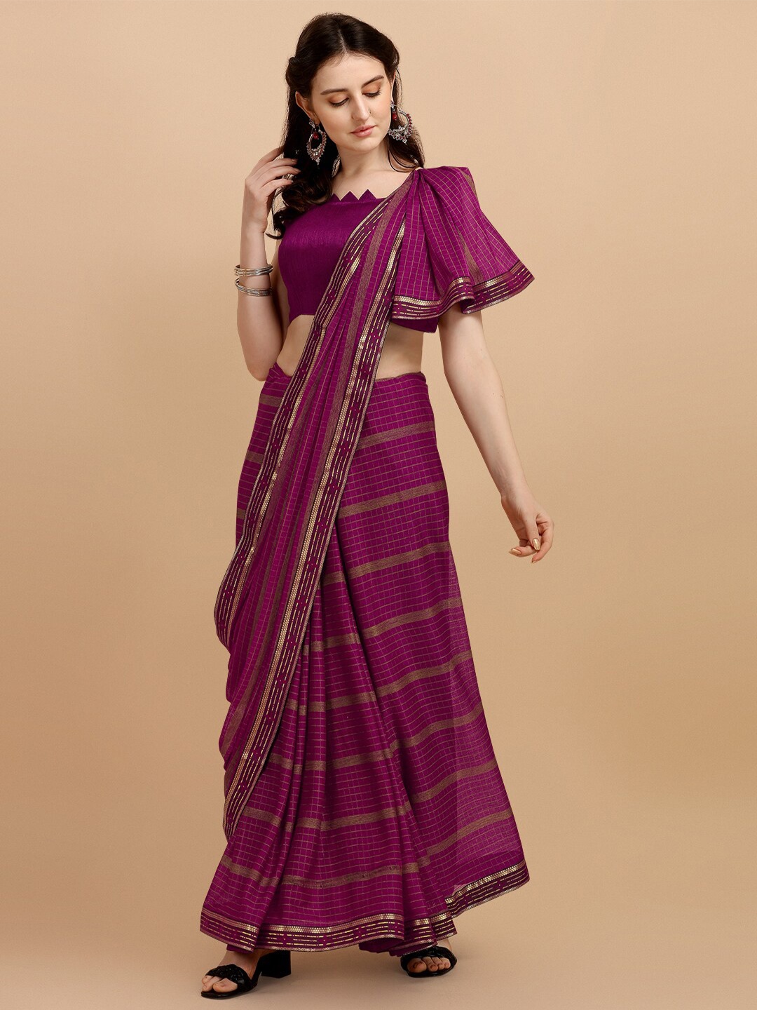 

KALINI Burgundy Woven Design Zari Linen Blend Fusion Saree