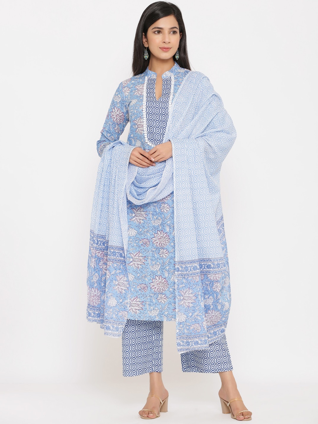 

Aprique FAB Women Blue Floral Printed Pure Cotton Kurta With Trousers & Dupatta